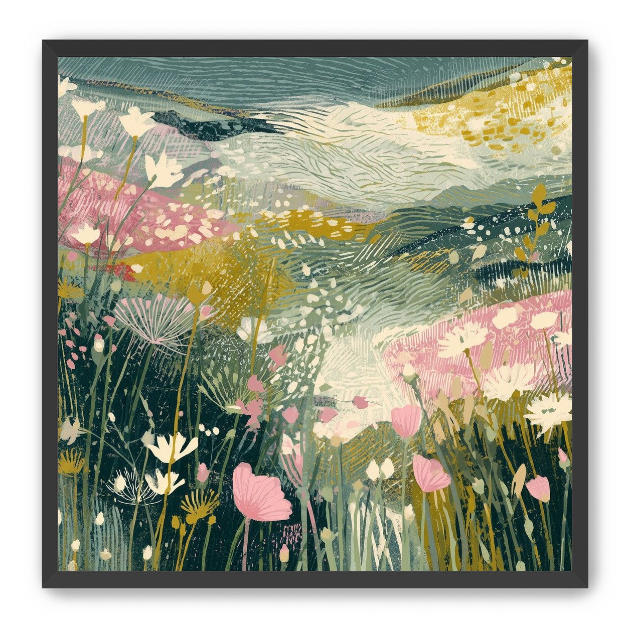 Teal sky over pink meadow