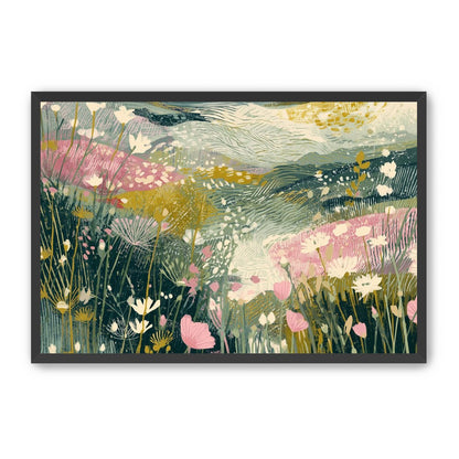 Teal sky over pink meadow
