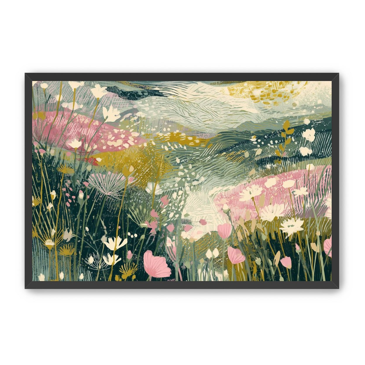 Teal sky over pink meadow
