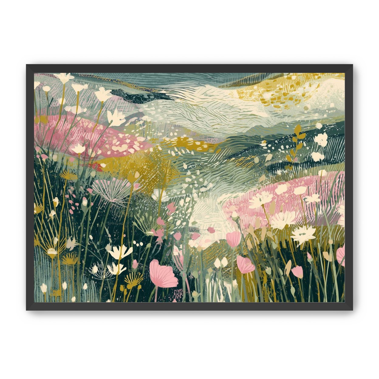 Teal sky over pink meadow