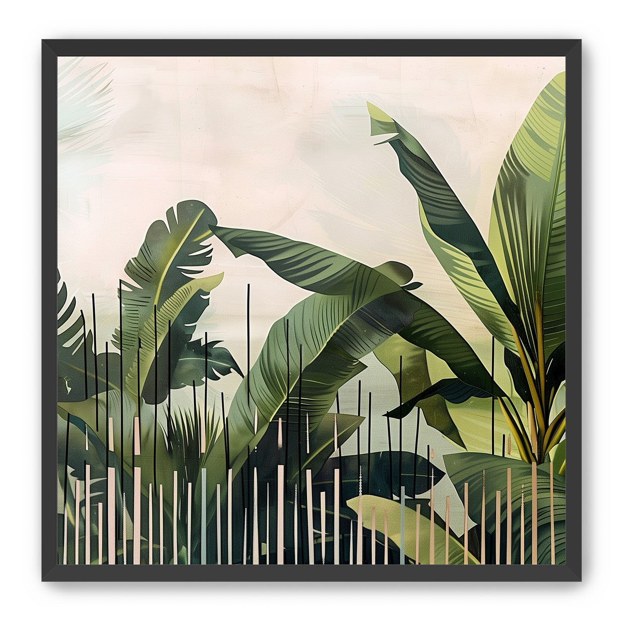 Tropical leaves behind black bars