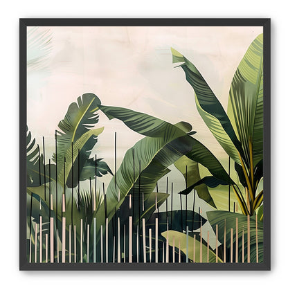 Tropical leaves behind black bars