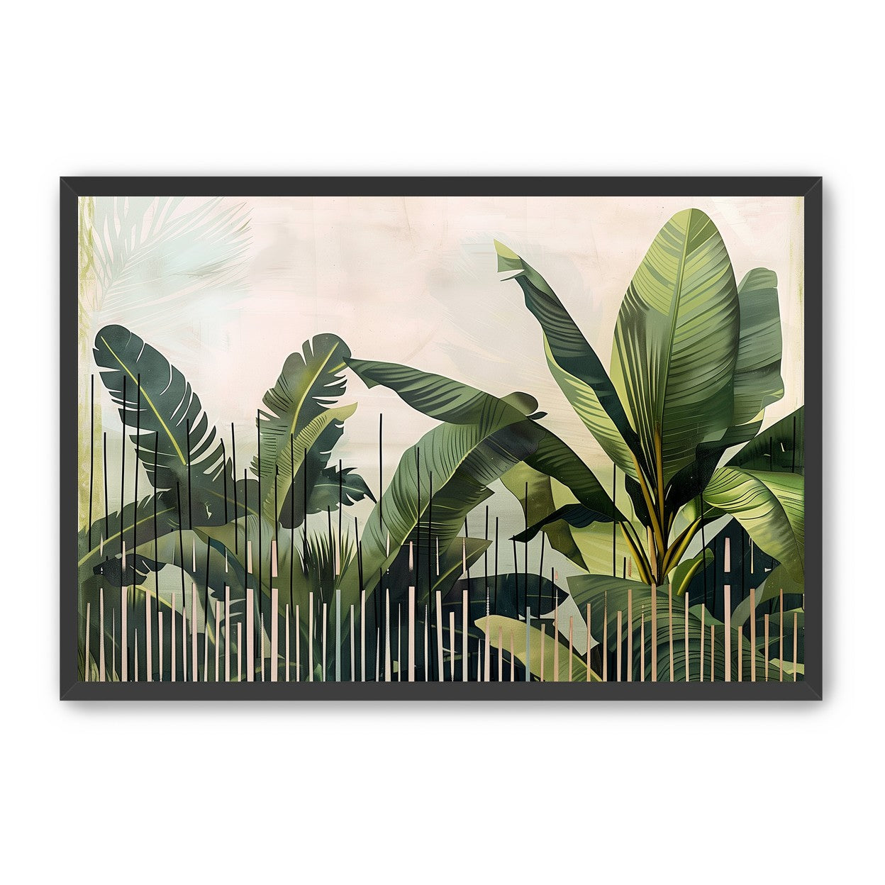 Tropical leaves behind black bars