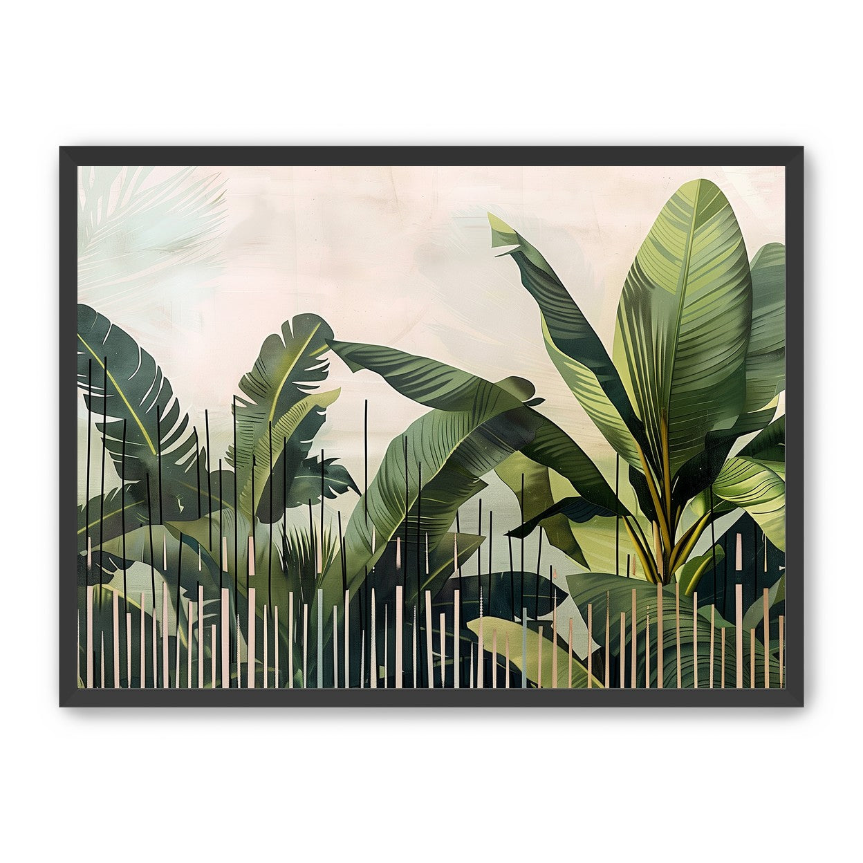 Tropical leaves behind black bars