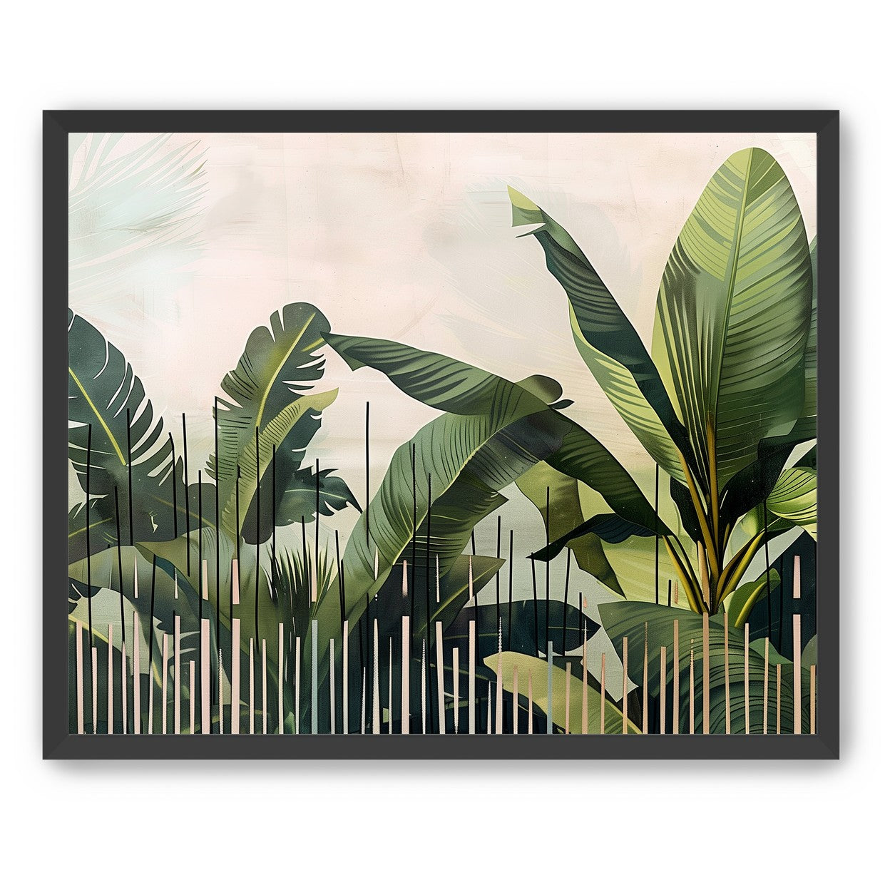 Tropical leaves behind black bars