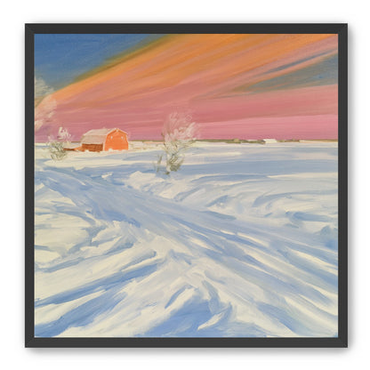 Pink sky over the red barn