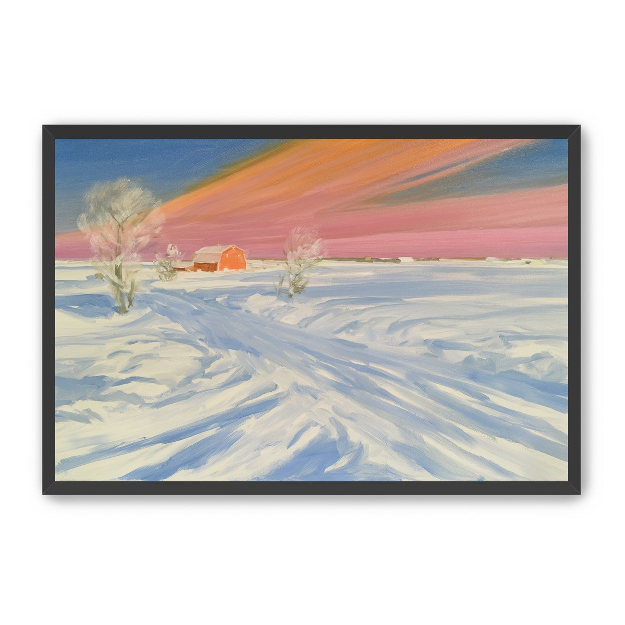 Pink sky over the red barn