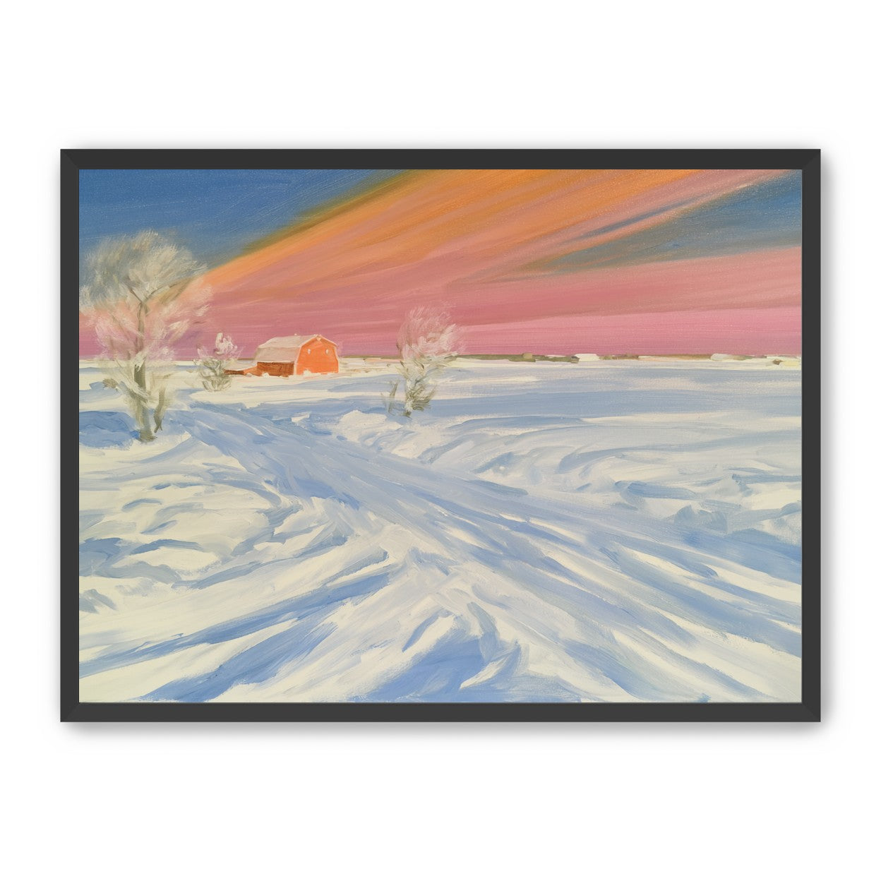 Pink sky over the red barn