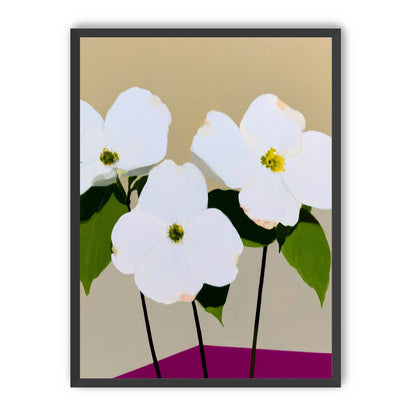 Three white flowers above purple