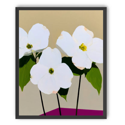 Three white flowers above purple