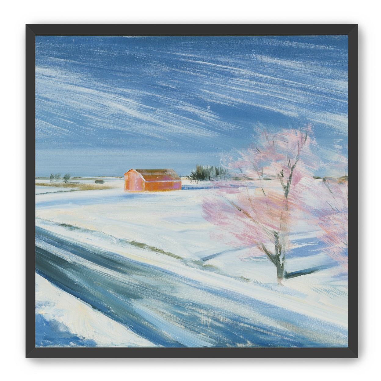 Orange barn beyond the road