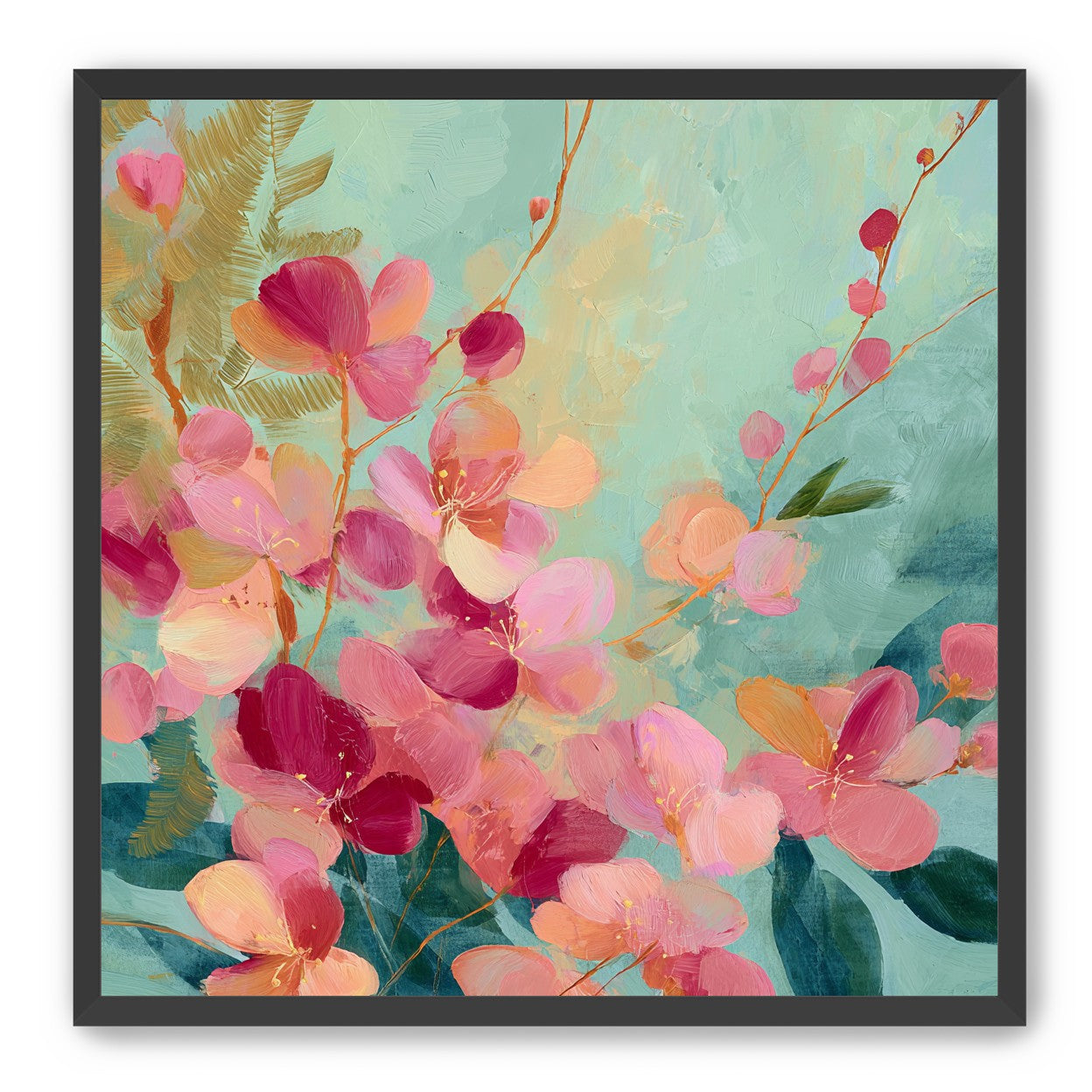 Pink blossoms drifting through teal