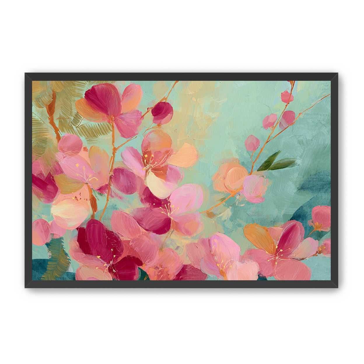 Pink blossoms drifting through teal