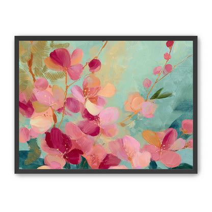 Pink blossoms drifting through teal