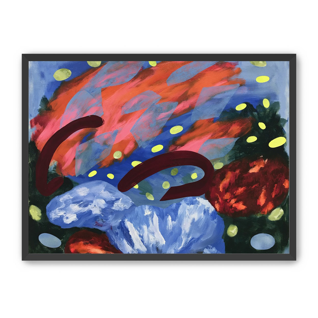 Layered brushstrokes with yellow ovals