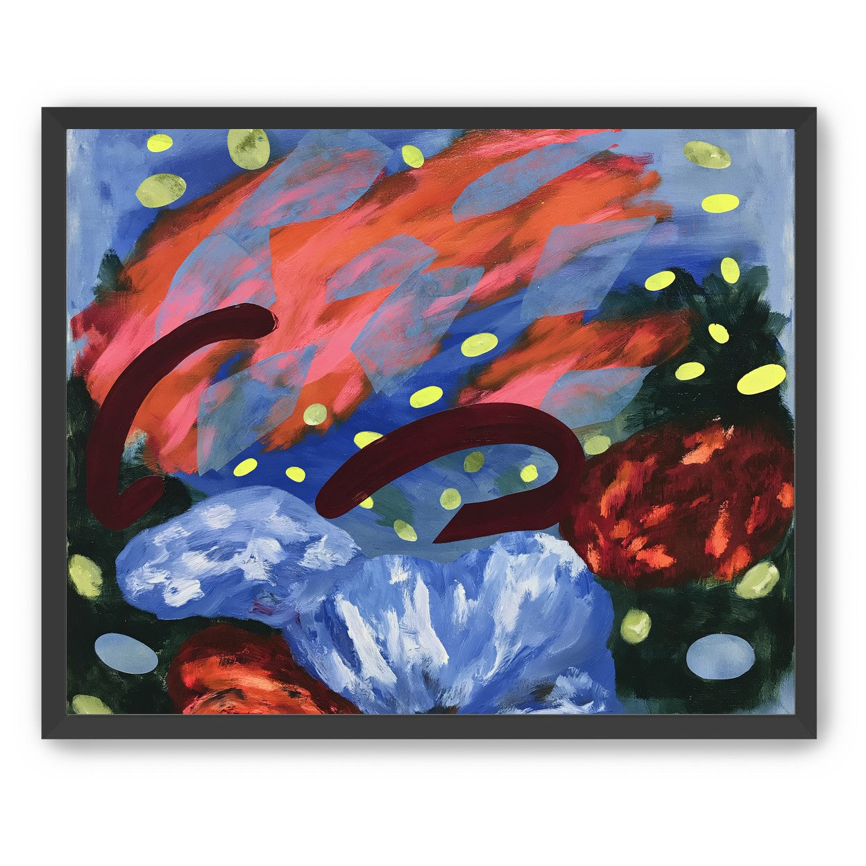 Layered brushstrokes with yellow ovals