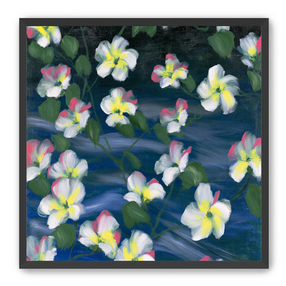White flowers across deep blue