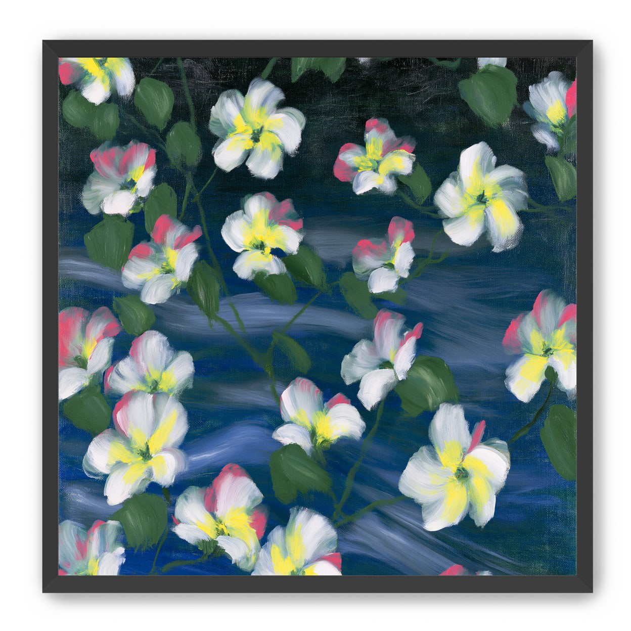 White flowers across deep blue