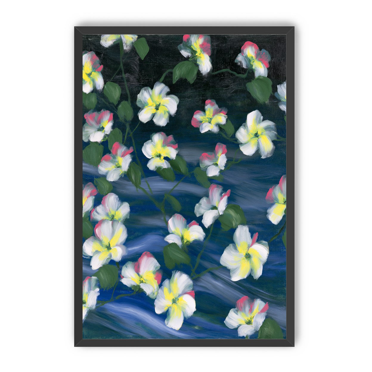 White flowers across deep blue