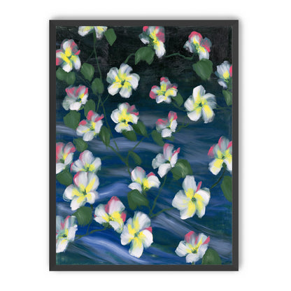 White flowers across deep blue
