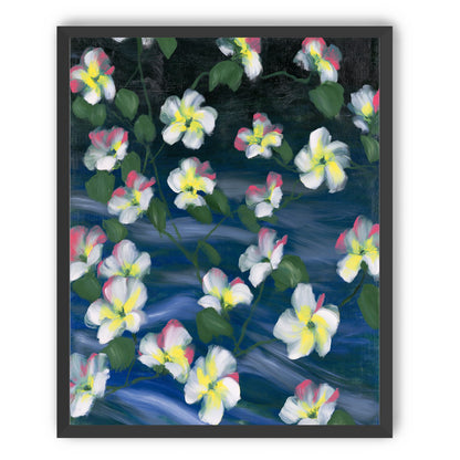 White flowers across deep blue