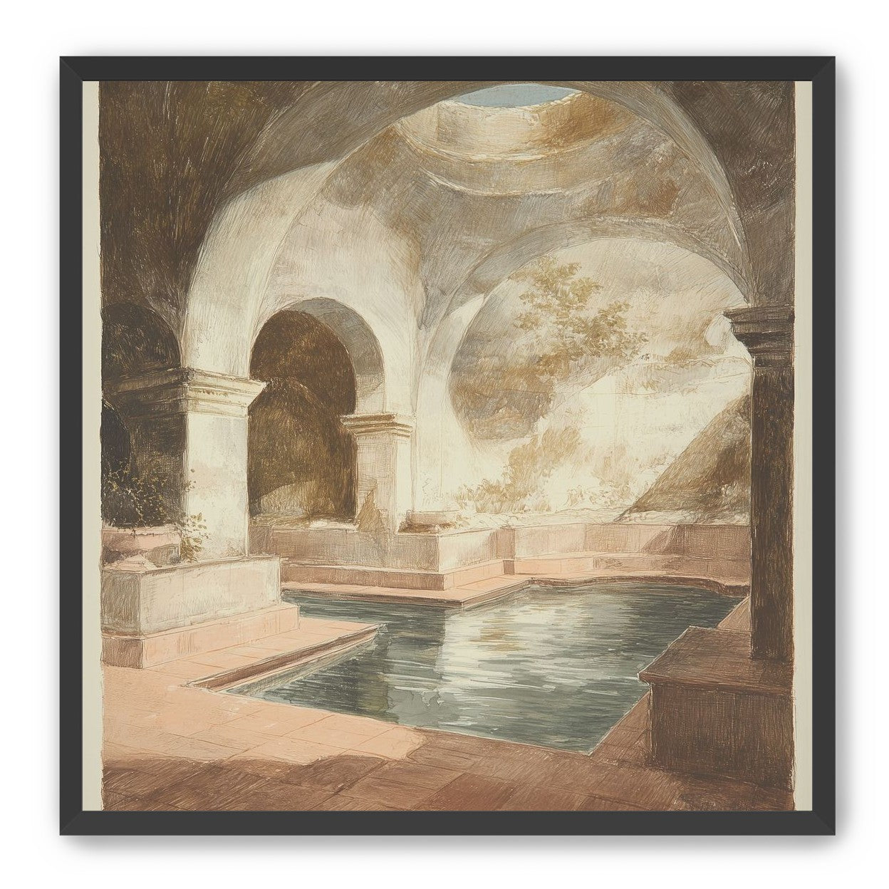 Courtyard pool beneath pale arches