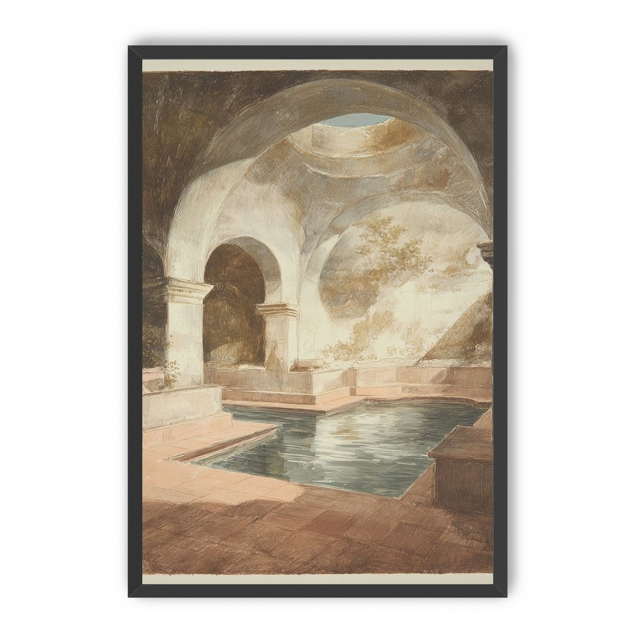 Courtyard pool beneath pale arches