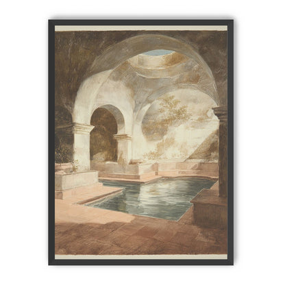 Courtyard pool beneath pale arches
