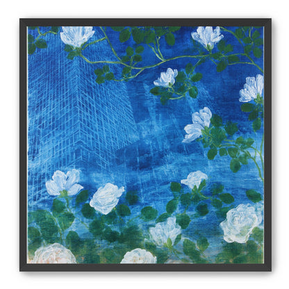 White blossoms on cobalt blue