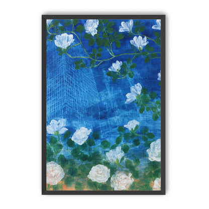 White blossoms on cobalt blue