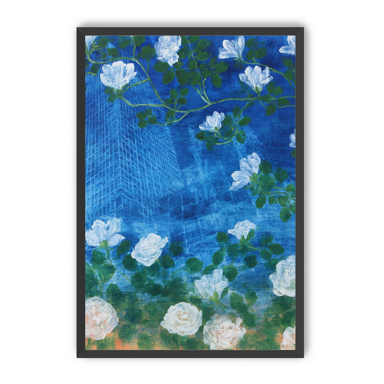 White blossoms on cobalt blue