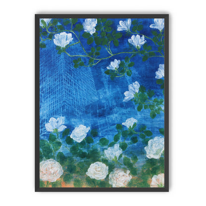 White blossoms on cobalt blue