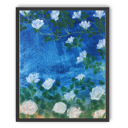 White blossoms on cobalt blue