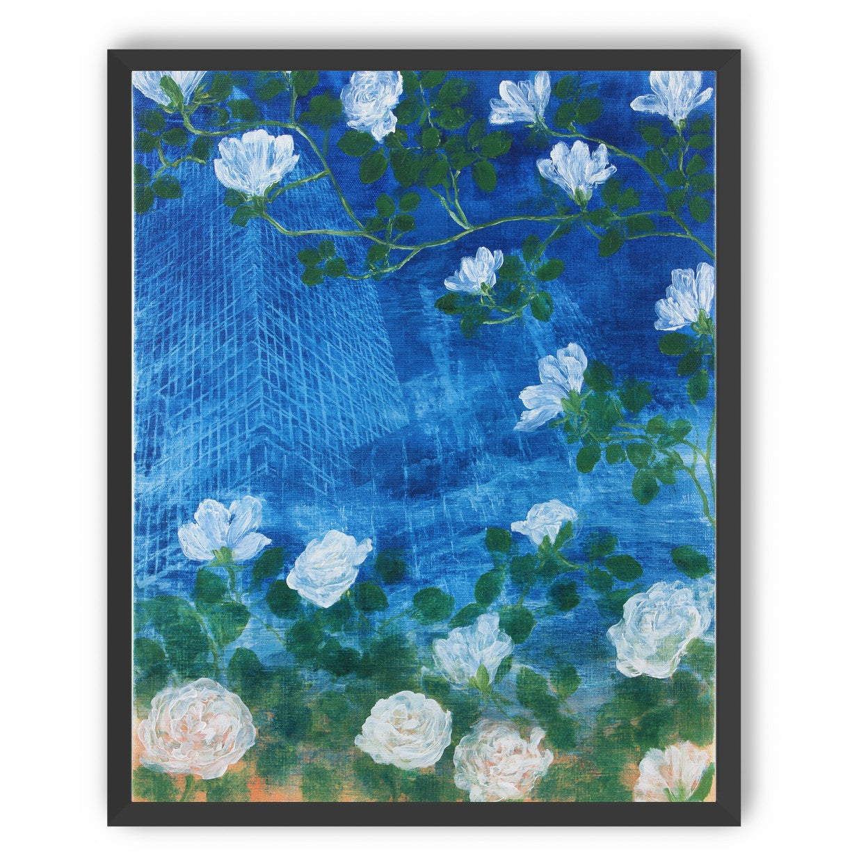 White blossoms on cobalt blue