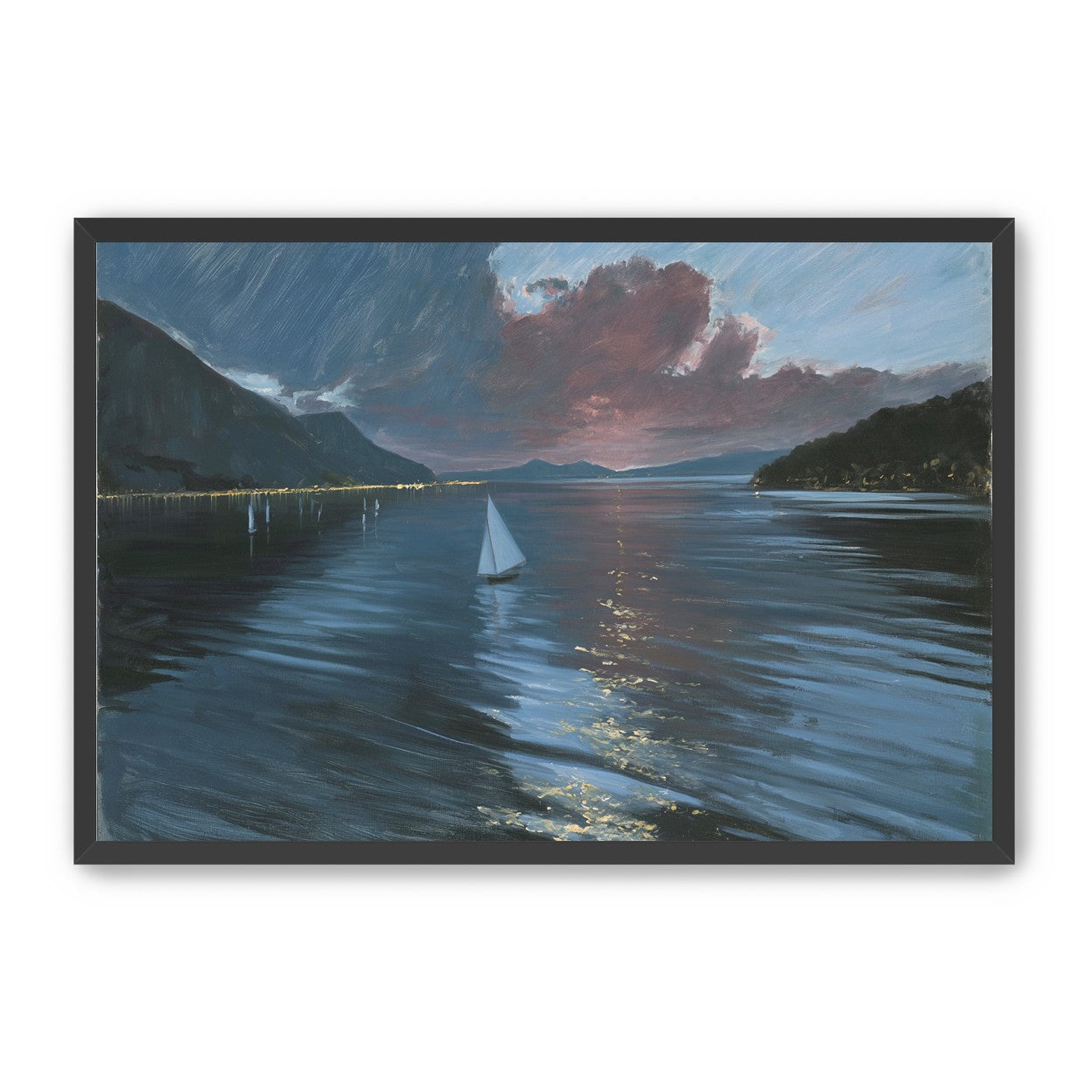 A sailboat beneath storm clouds