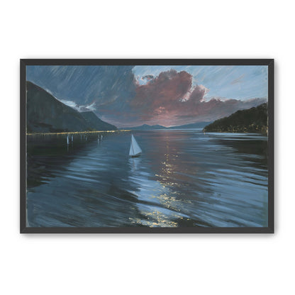 A sailboat beneath storm clouds