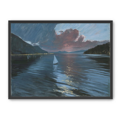 A sailboat beneath storm clouds