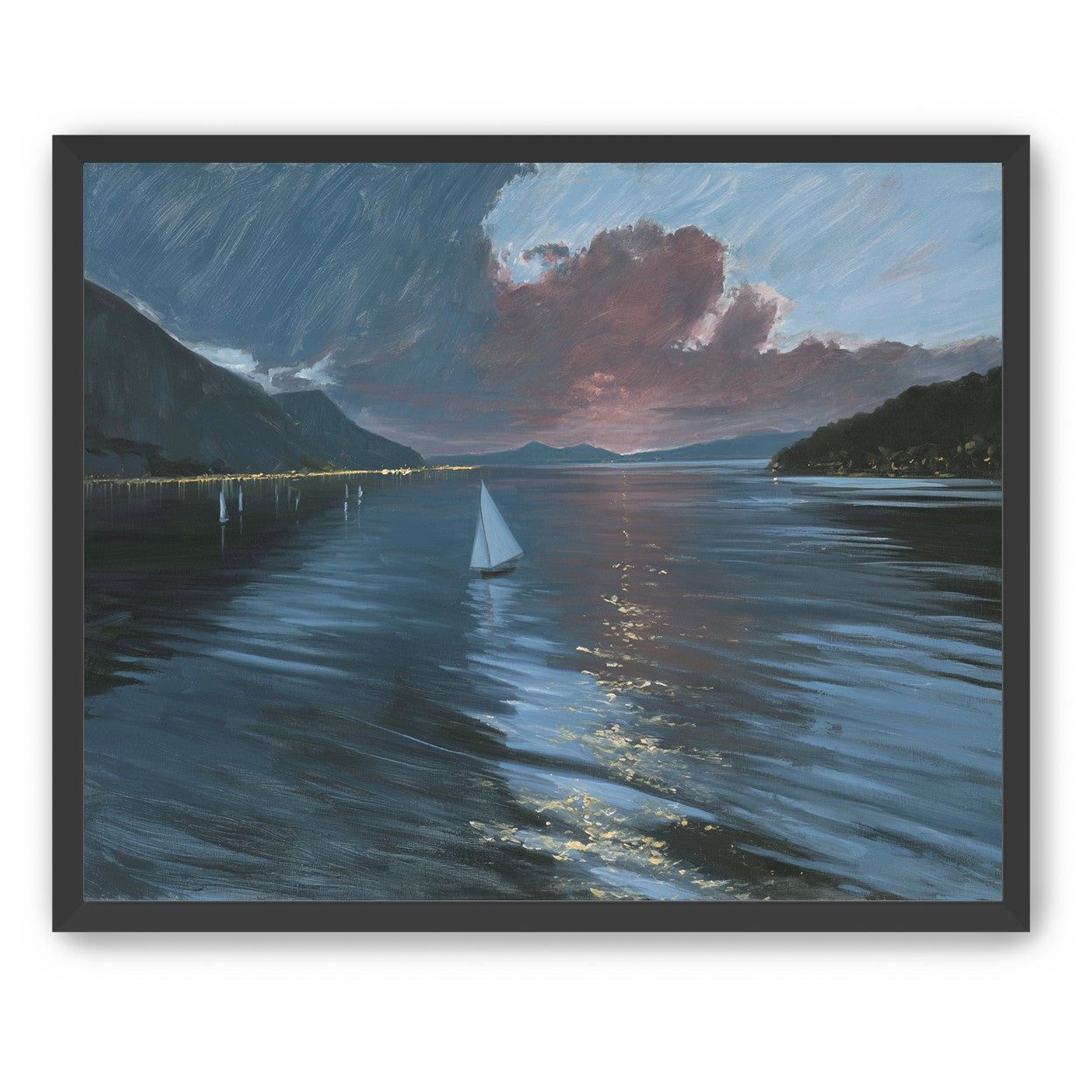 A sailboat beneath storm clouds