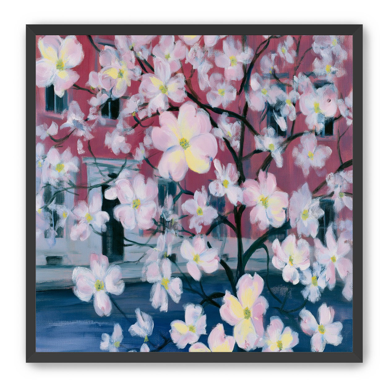 Blossoms across red windows