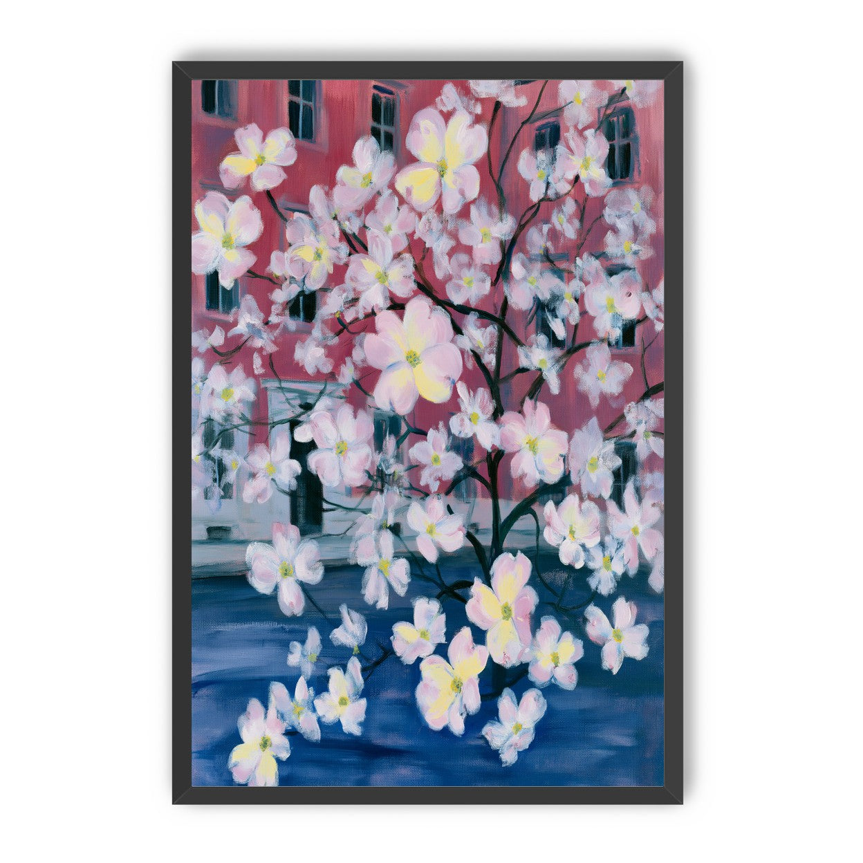 Blossoms across red windows