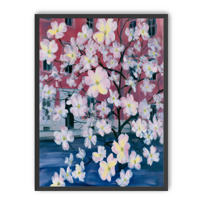 Blossoms across red windows