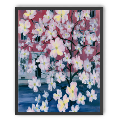 Blossoms across red windows