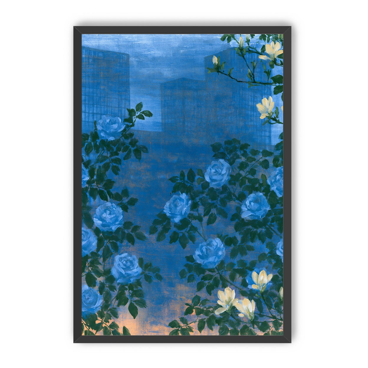 Roses against the blue towers