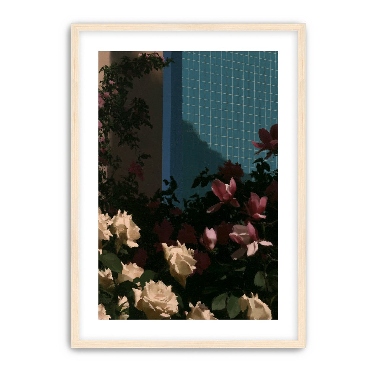 Flowers beneath the tiled wall