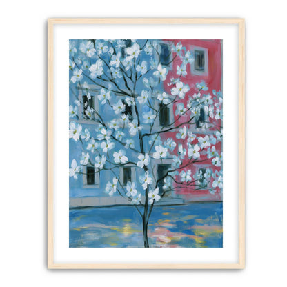 White blossoms across blue and pink