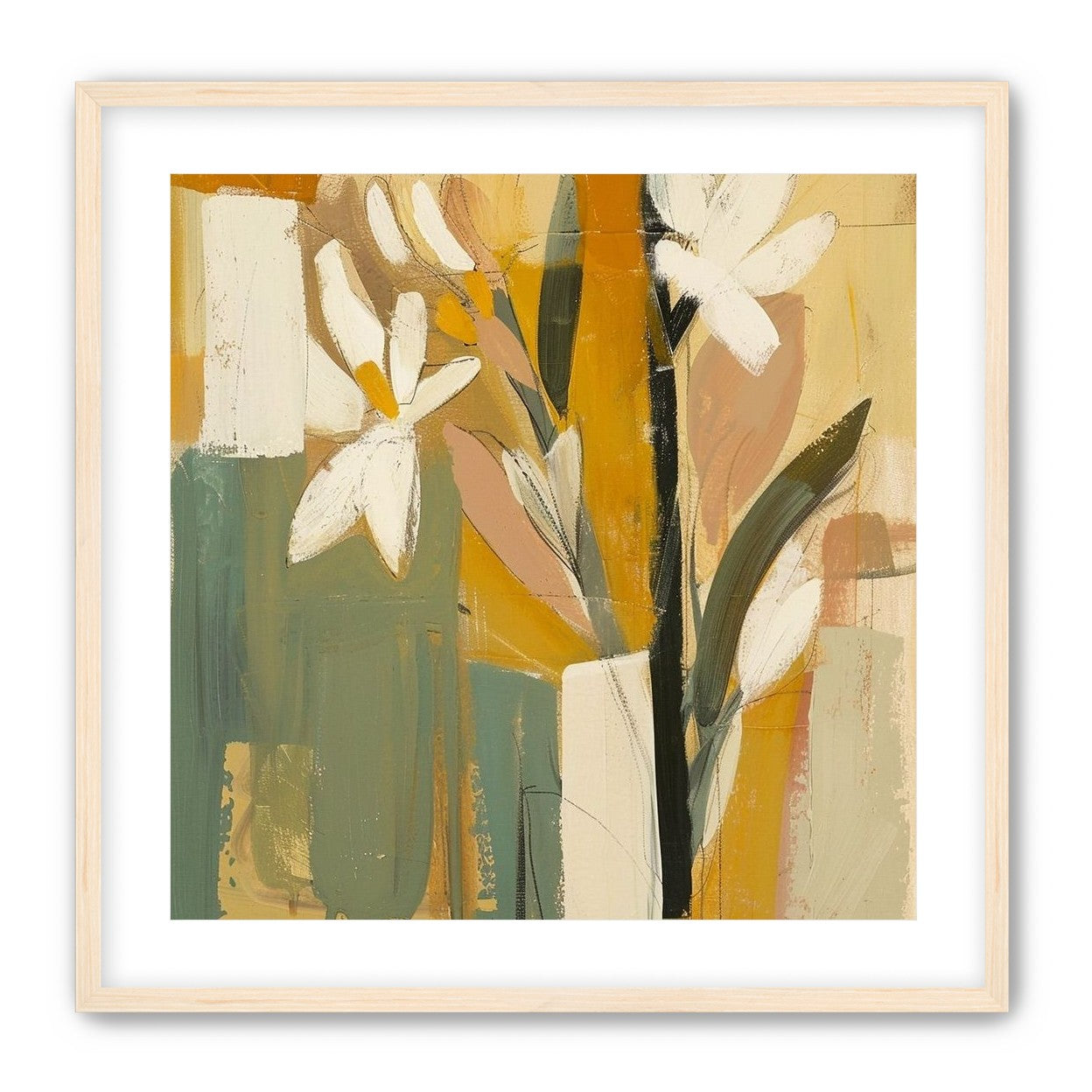 White flowers in ochre blocks