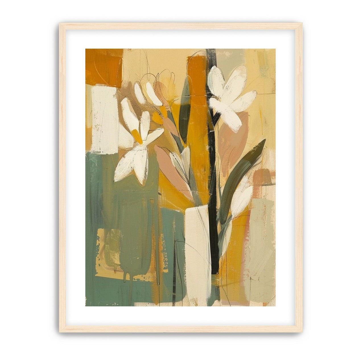 White flowers in ochre blocks