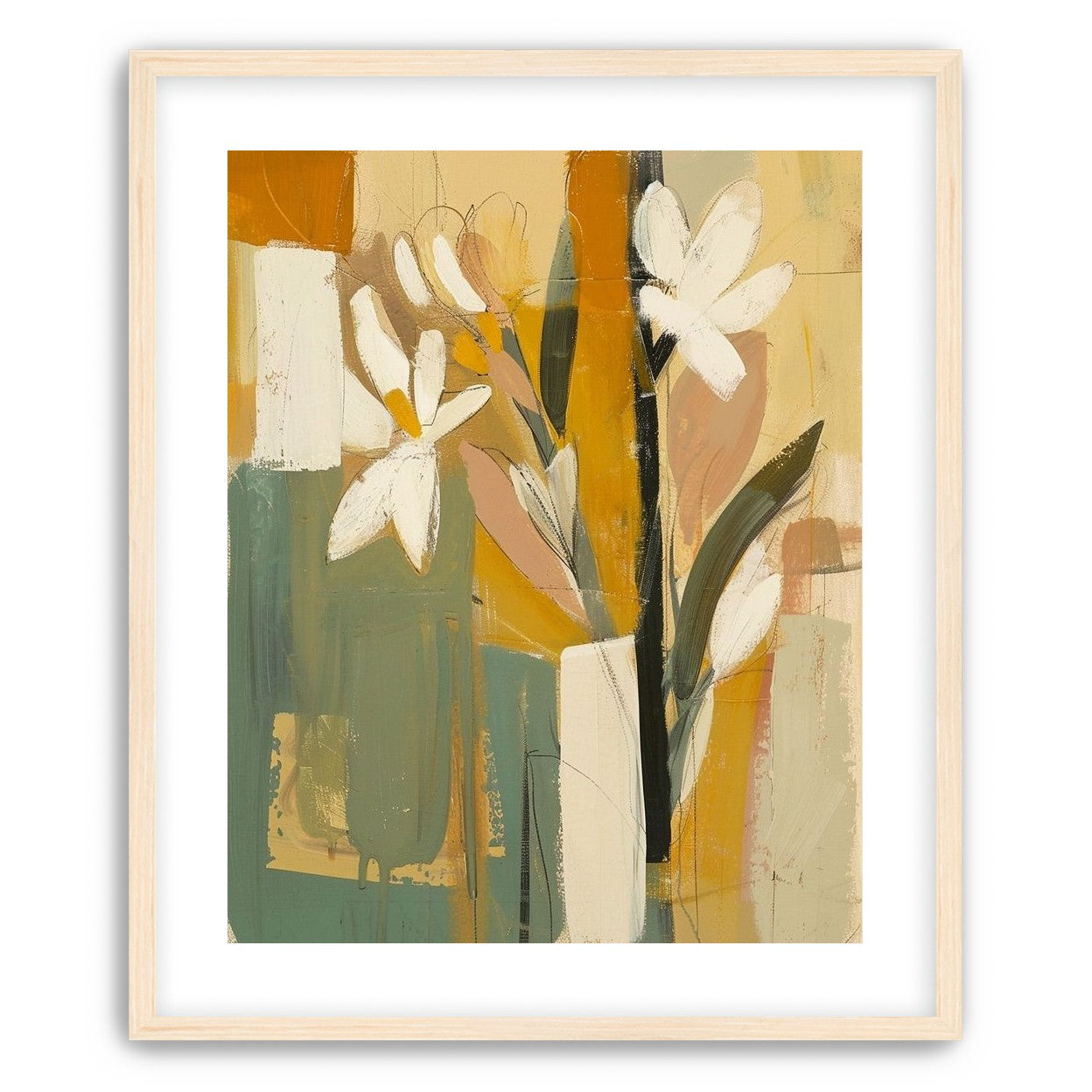 White flowers in ochre blocks