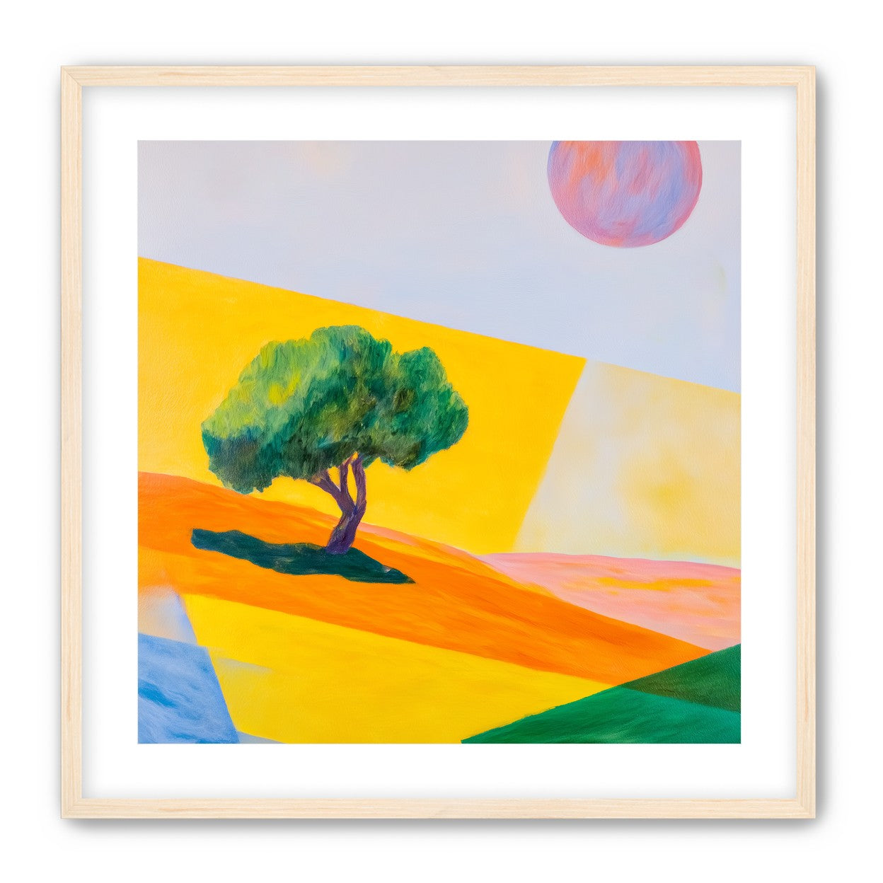 Pink sun over yellow hills