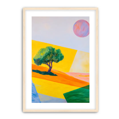Pink sun over yellow hills